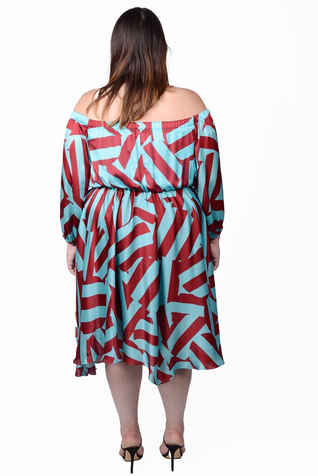 Edwina Midi Off Shoulder Dress, Circle Stripes / Teal, alternate image number null