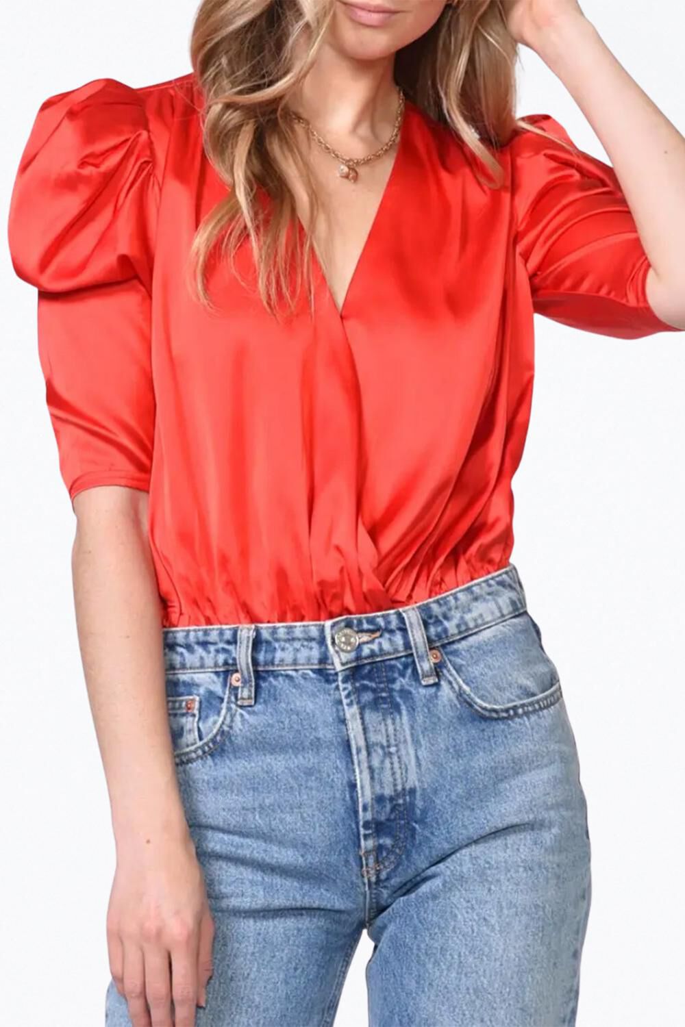LILA WRAP-EFFECT SATEEN BODYSUIT IN CHILI RED, , alternate image number 2