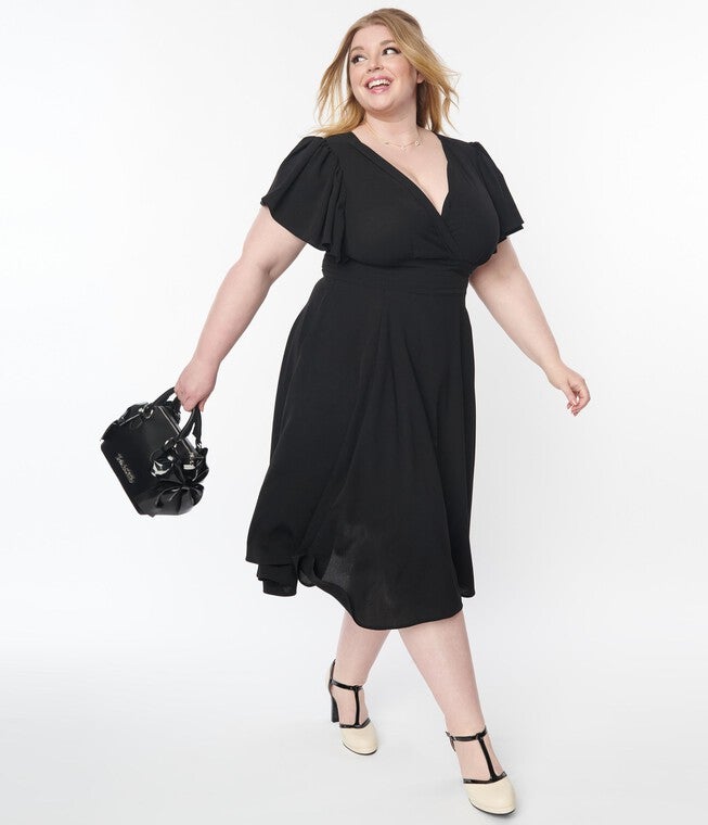 Unique Vintage Plus Size Black Texture Swing Dress, Black Texture / Black, alternate image number null