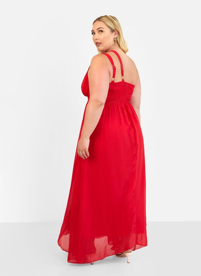 GEORGIA CHIFFON ONE SHOULDER MAXI A LINE DRESS - RED | Dia & Co GEORGIA CHIFFON ONE SHOULDER MAXI A LINE DRESS - RED | Dia & Co