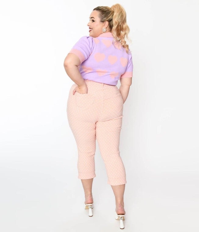Unique Vintage Pink & White Pin Dot Heart Pocket Rachelle Capri Pants, , alternate image number null
