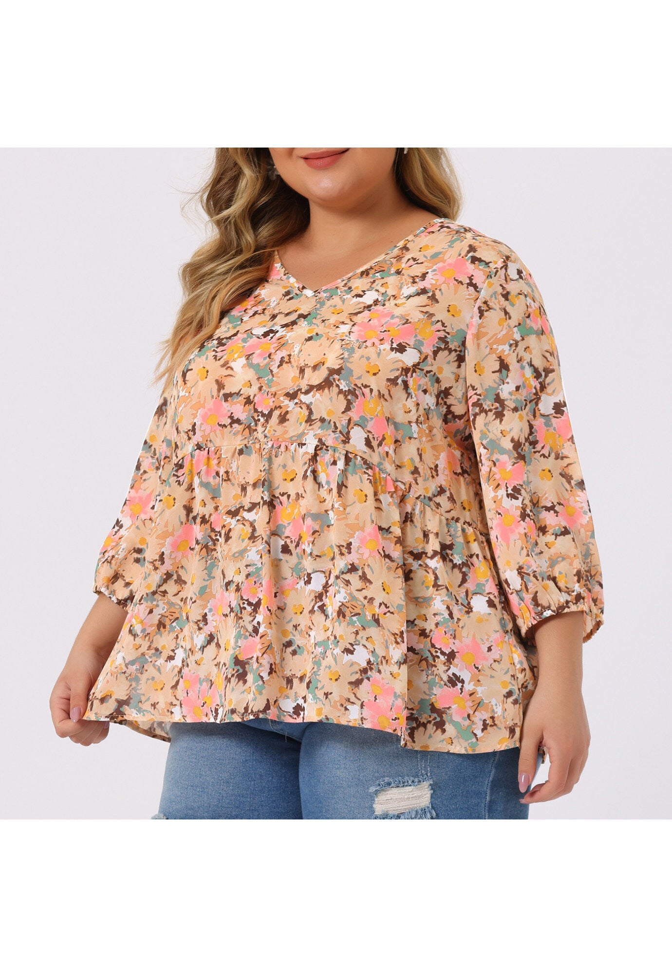 V Neck Babydoll Flowy 3/4 Lantern Sleeve Floral Blouse, Dark Pink / Orange, alternate image number 1