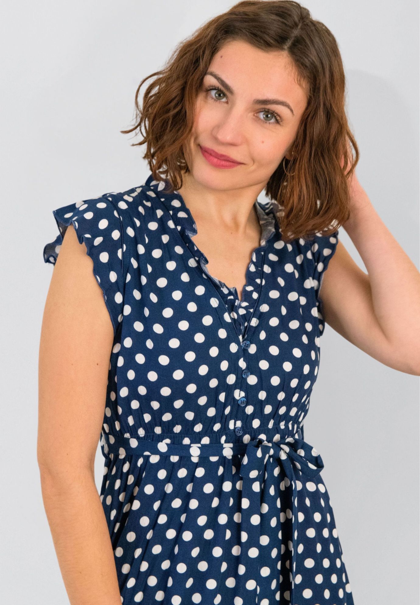 Annick - Natasha Polka Dot Short Dress with Belt, Pockets, and Ruffle Trim, Navy / Navy, alternate image number 4