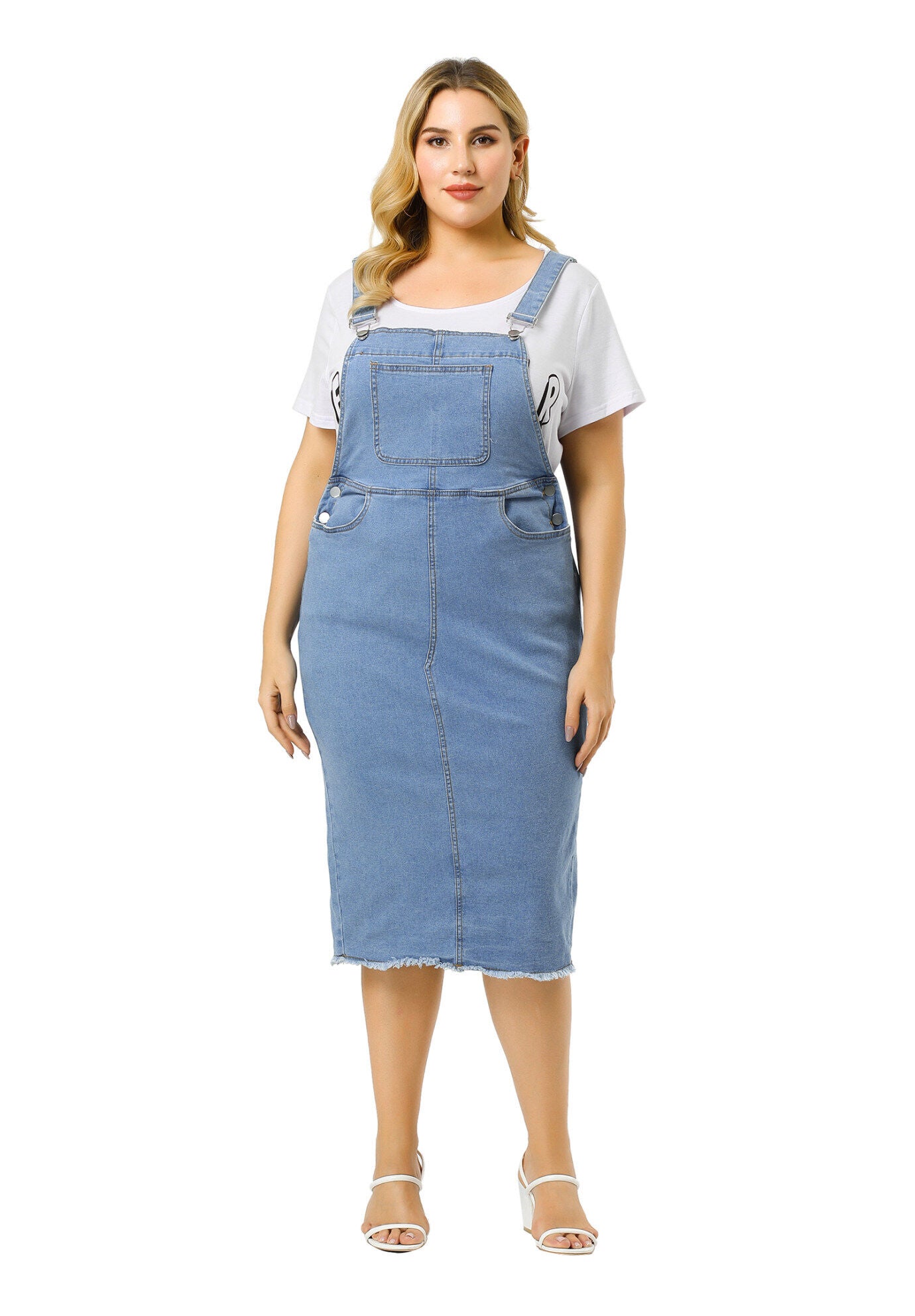 ADJUSTABLE STRAP BACK SLIT DISTRESSED DENIM OVERALL DRESS, Light Blue / Light Blue, hi-res image number 0