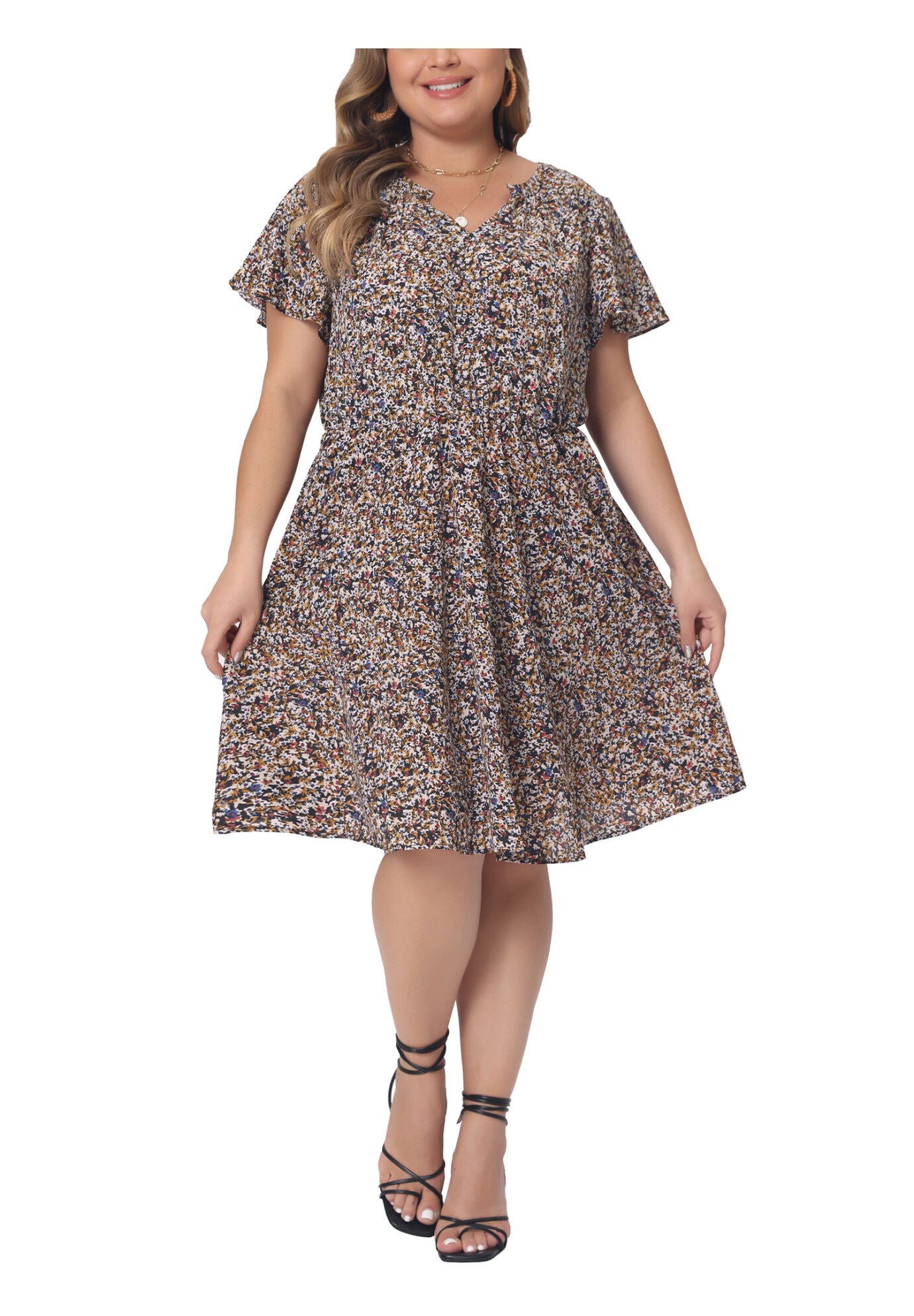 Boho Floral Notched V Neck Ruffle Sleeve A Line Midi Dress, Black / Black, alternate image number 1