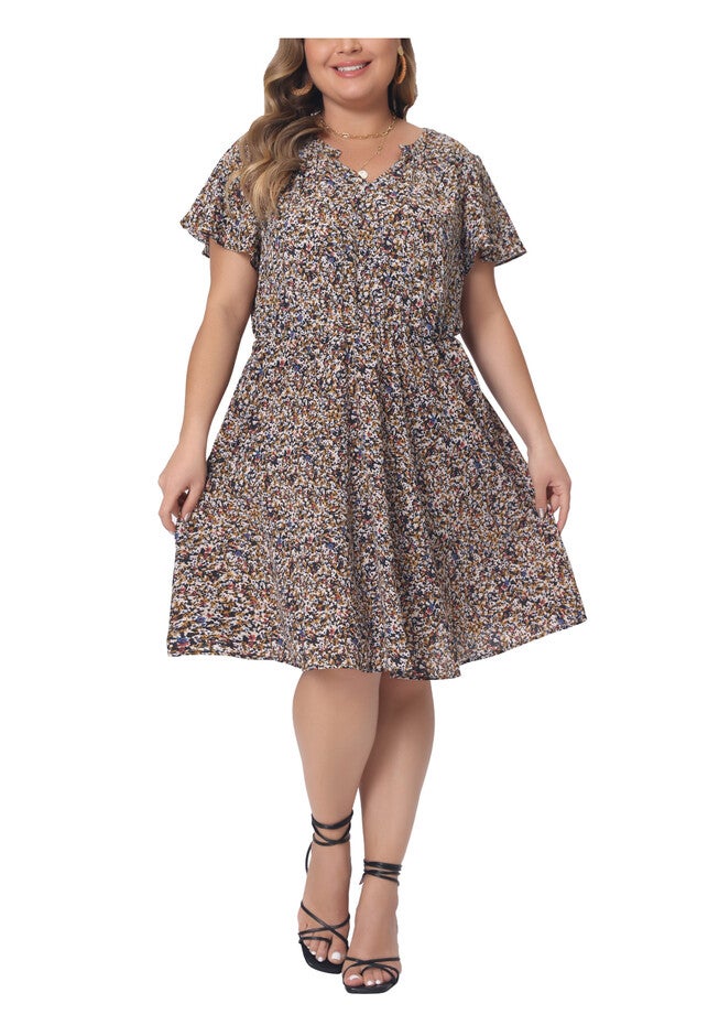 Boho Floral Notched V Neck Ruffle Sleeve A Line Midi Dress, Black / Black, alternate image number 1