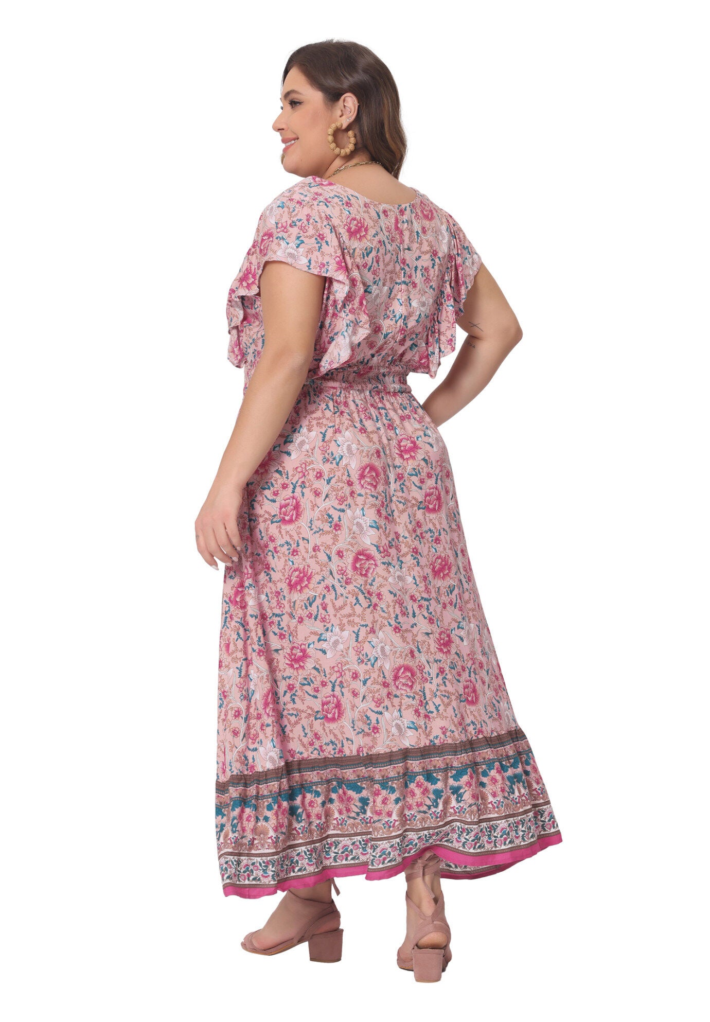 V Neck Ruffle Sleeve Boho Floral Maxi Long Dress, Pink / Pink, alternate image number 3