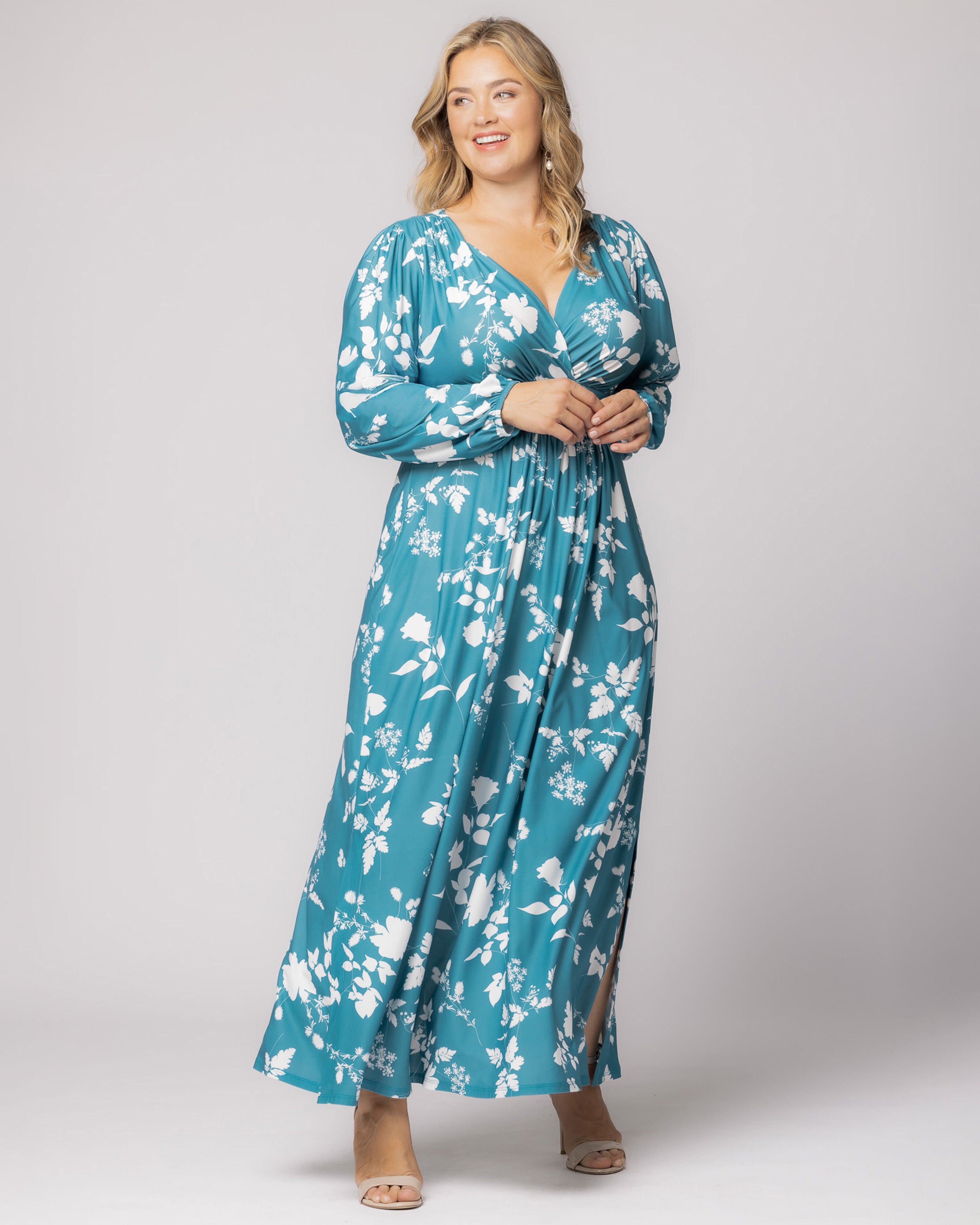 Kelsey Long Sleeve Maxi Dress, AQUA BLOOMS / Turquoise, alternate image number 4