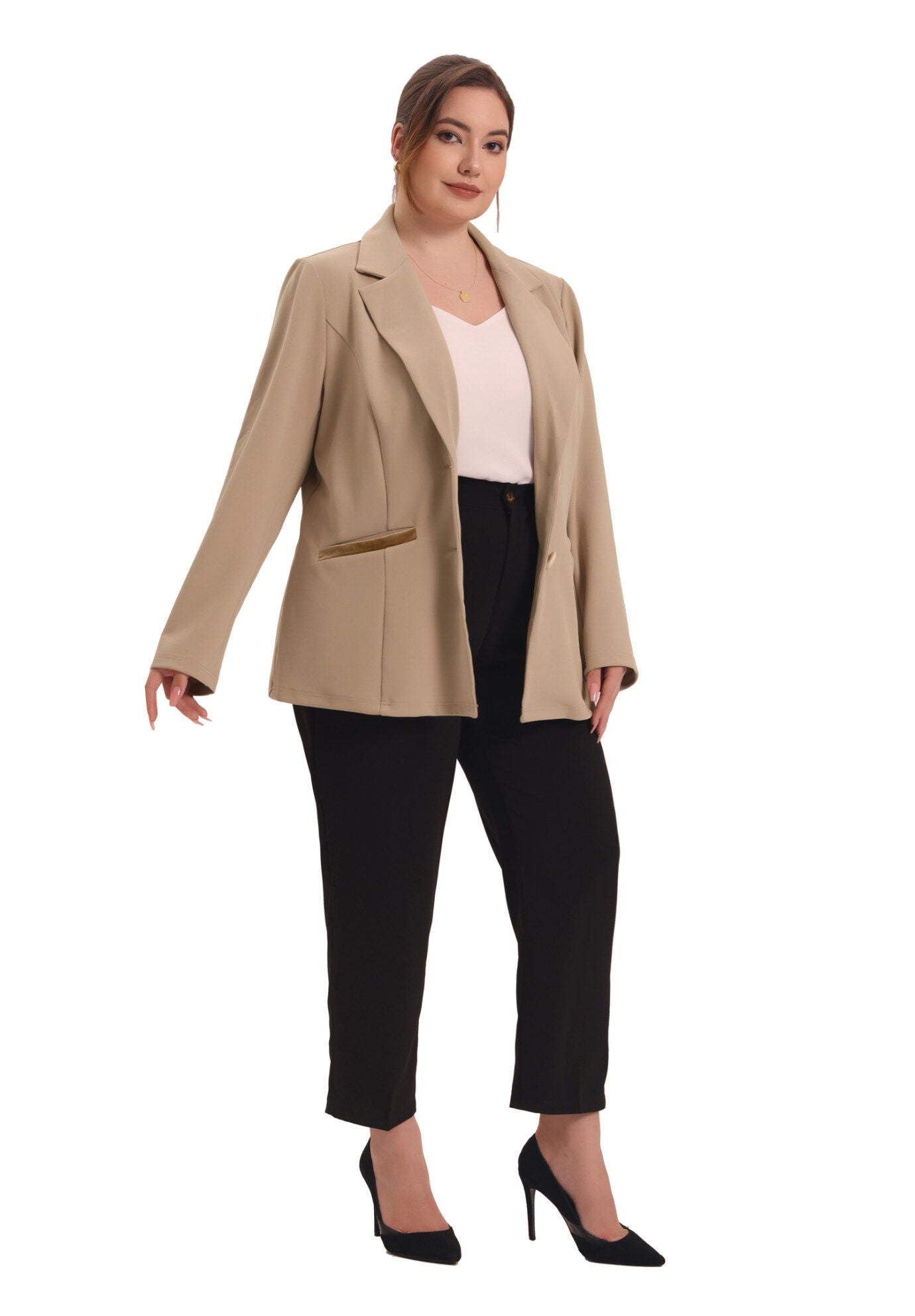 NOTCHED LAPEL V NECK WORK SUIT BLAZER, Khaki / Beige, hi-res image number 0