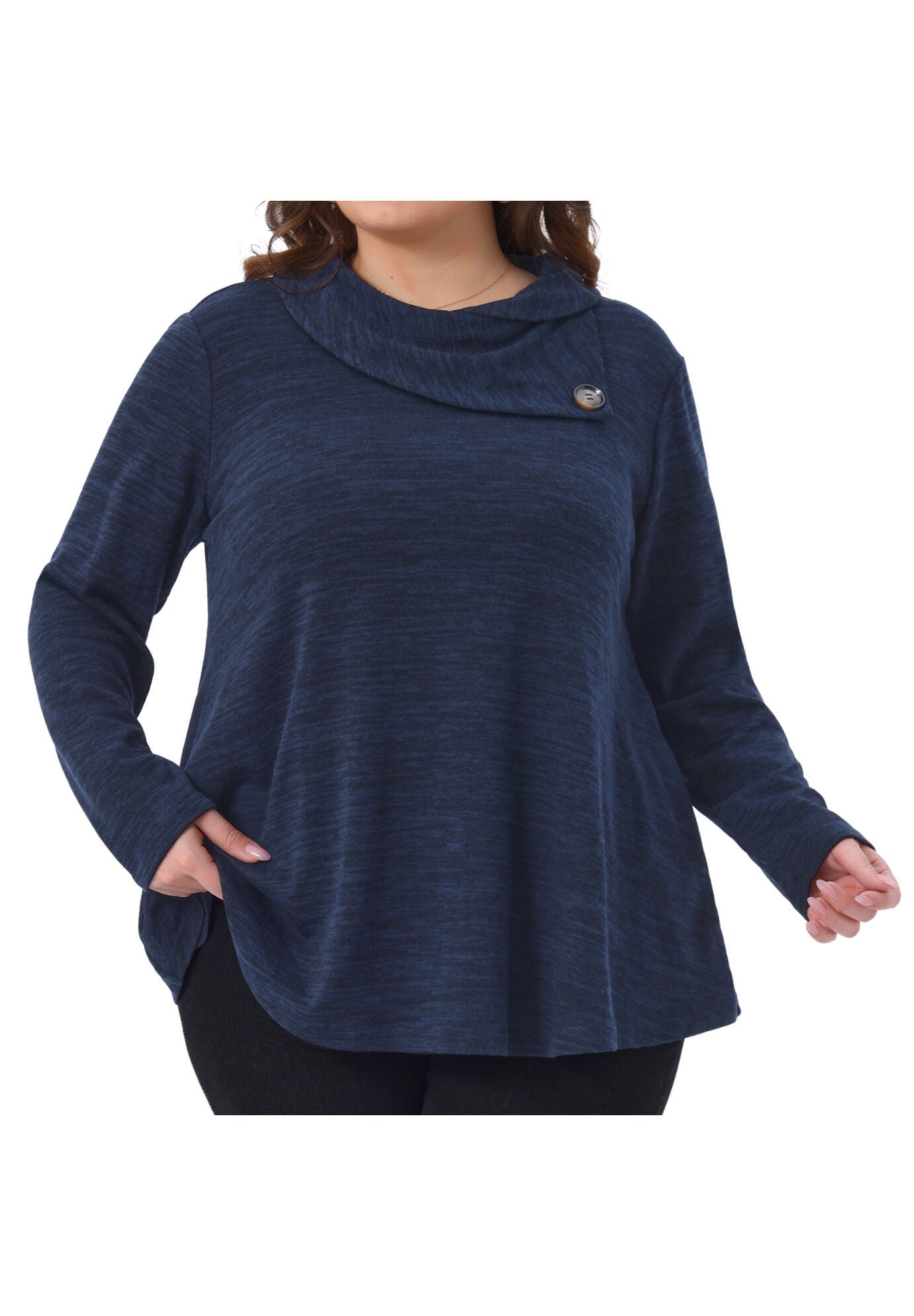 Cowl Neck Casual Loose Tunic Tops with Pockets, Dark Blue / Navy, alternate image number 2