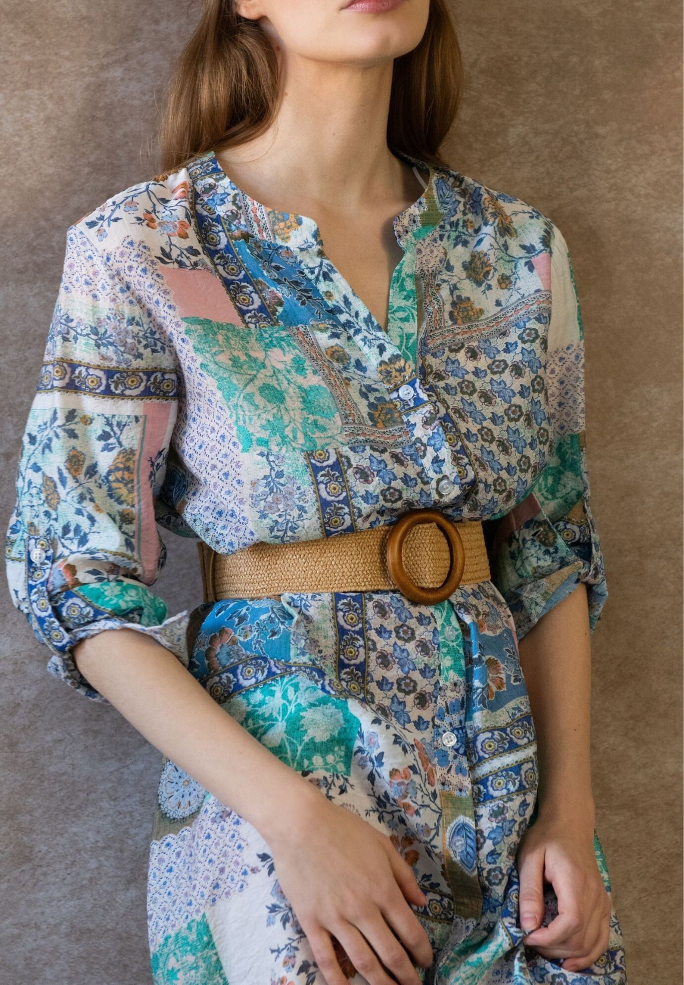 Annick- Lara Patchwork Print Boho Tunic Shirt Dress Long Sleeves, White / Azure Blue, alternate image number 2