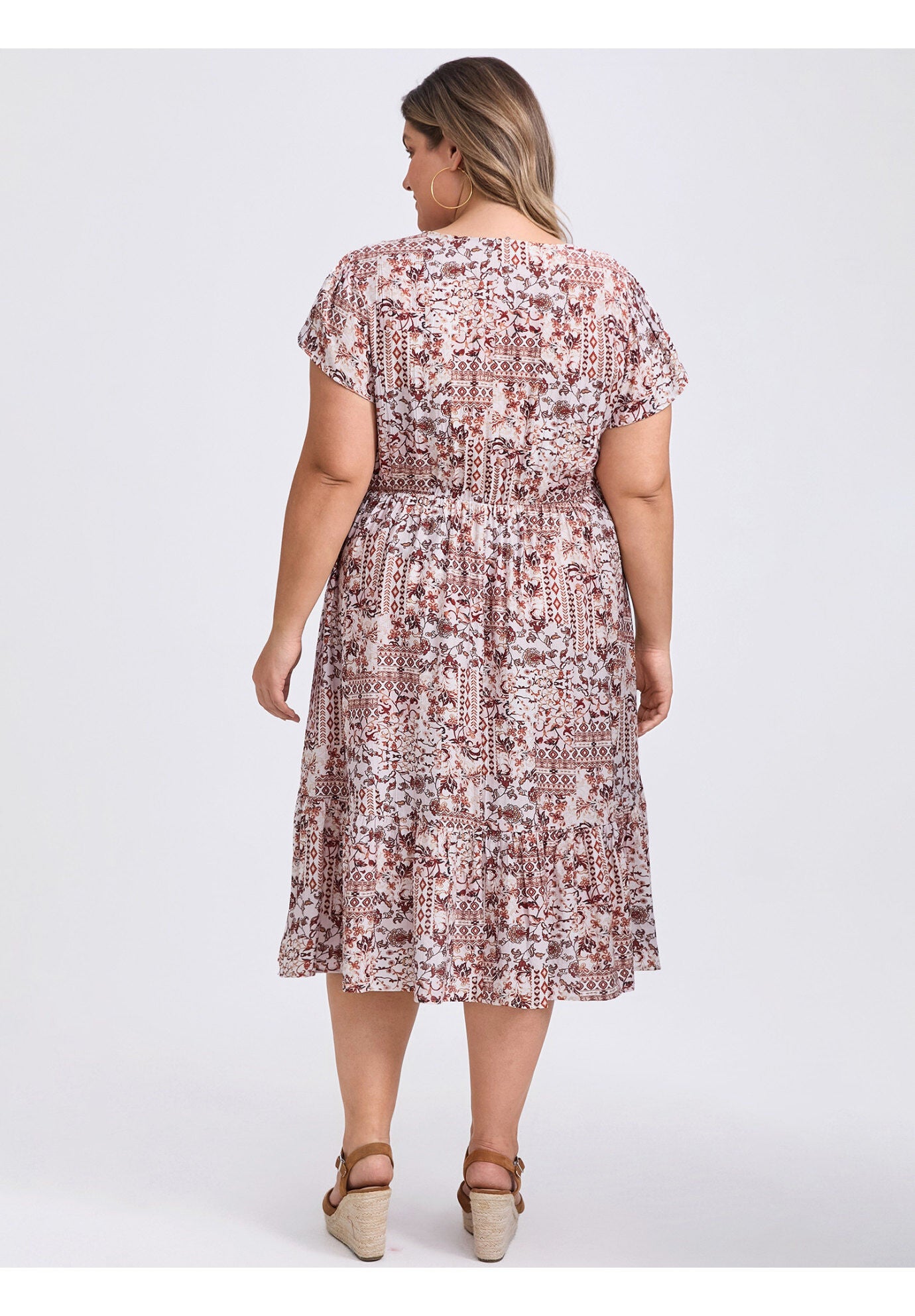 Floral Print V Neck Cap Sleeve A Line Flowy Midi Dress with Pockets, Brown Red / Burnt Orange, alternate image number 2