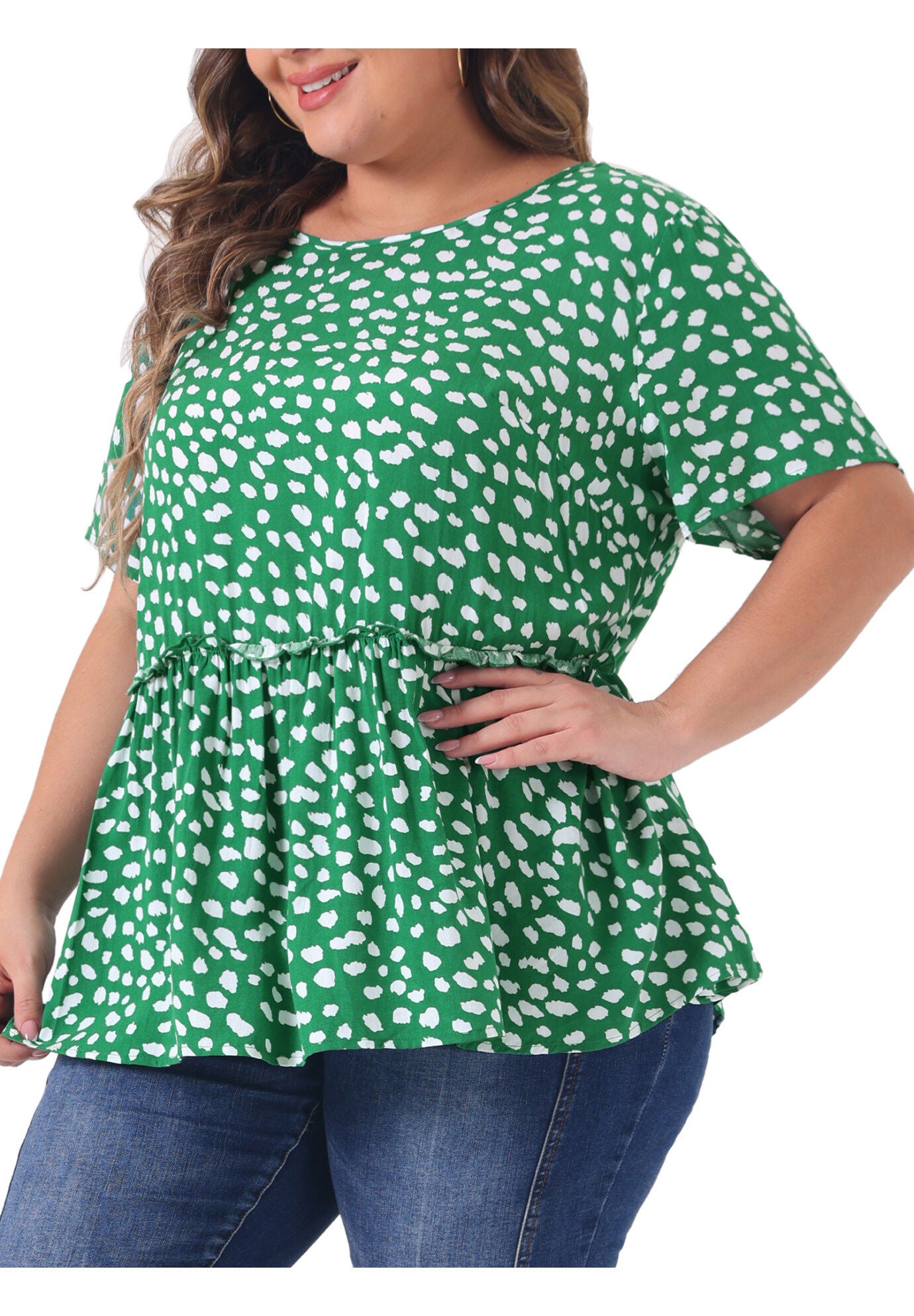 Polka Dots Crew Neck Short Sleeve Peplum Top, Dark Green / Hunter Green, alternate image number 1