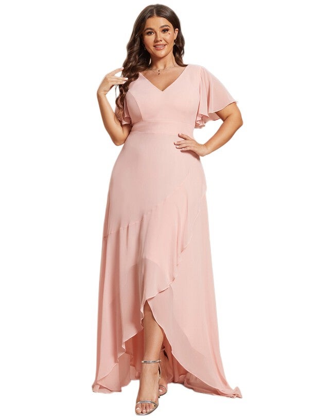 Charming Chiffon Bridesmaid Dress with Lotus Leaf Hemline, Pink / Pink, alternate image number 4
