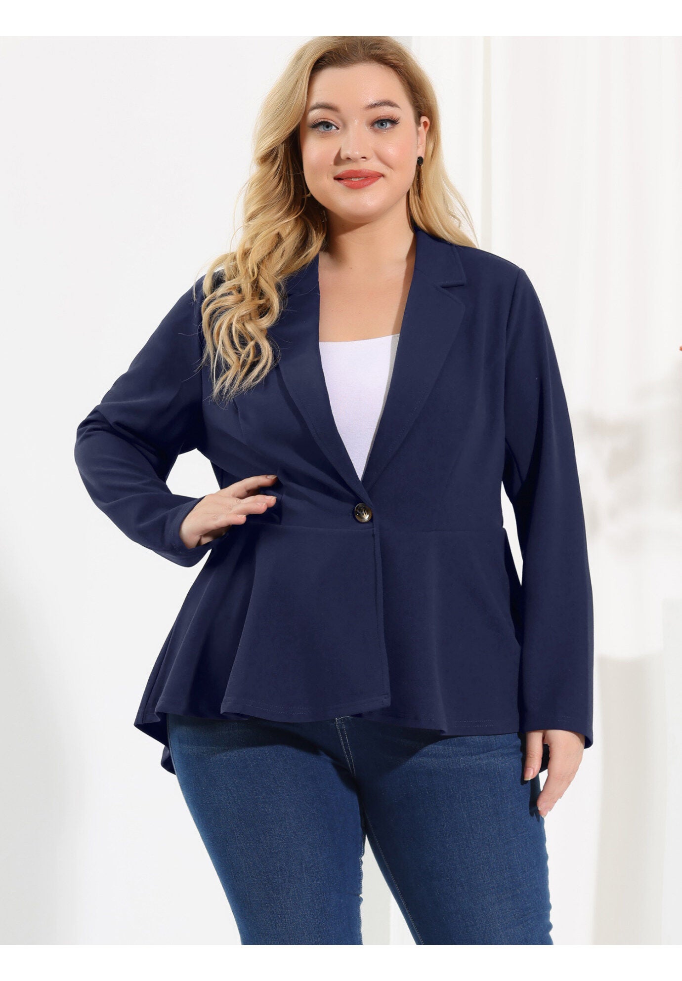 RUFFLE V NECK BUTTON NOTCH PANEL PEPLUM BLAZER, Navy Blue / Navy, alternate image number 3