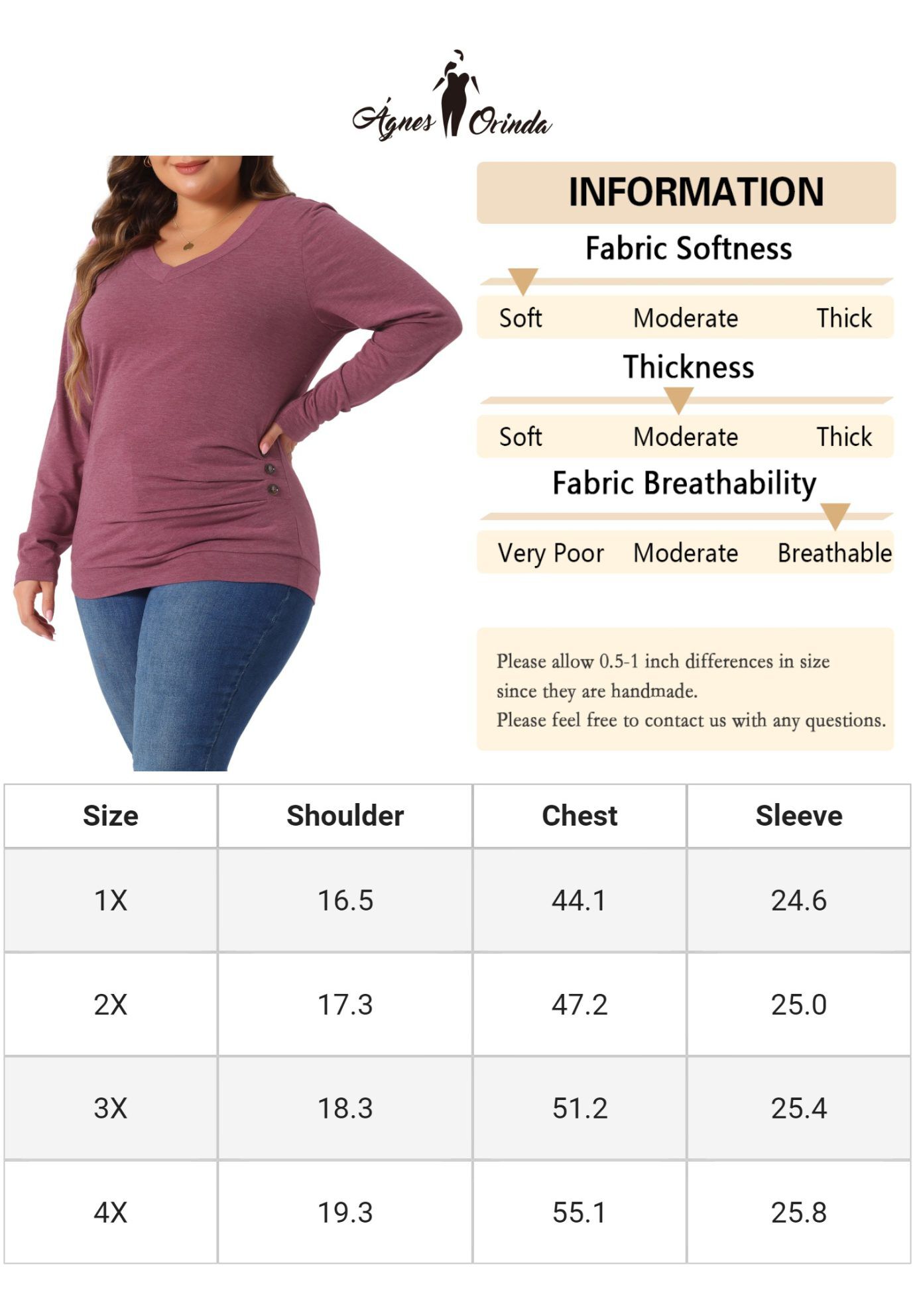 V Neck Long Sleeve Buttons Decor Ruched Casual Blouse Tunic Top, Purple Red / Purple, alternate image number 4