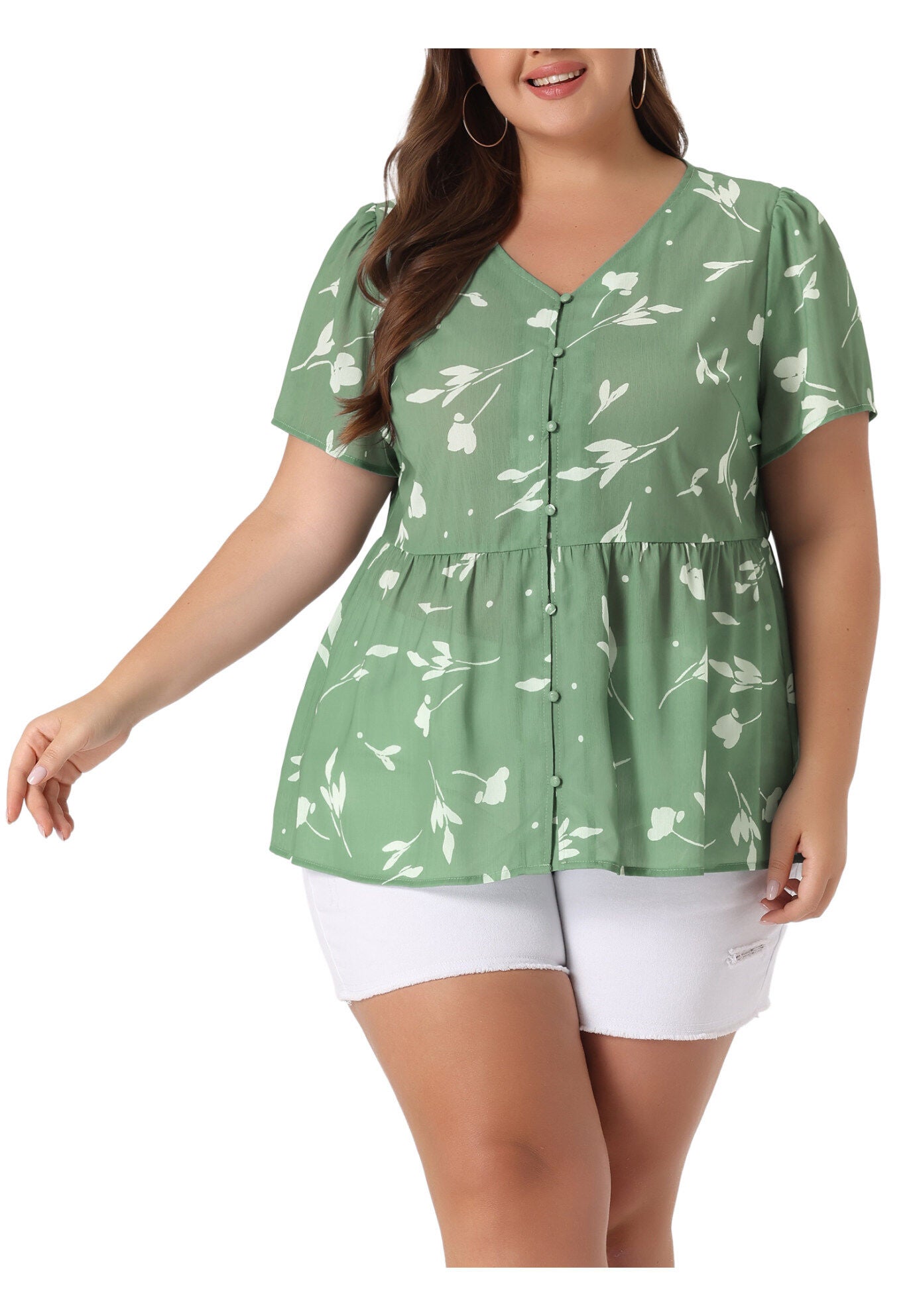 Chiffon Shirt V Neck Ruffle Short Sleeve Floral Peplum Top, Green / Sage Green, alternate image number 2