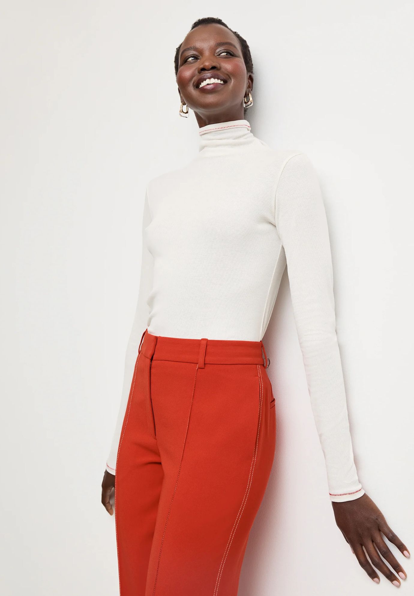 Axam Layering Turtleneck - Contrast Organic Ribbed Pima Cotton, IvoryRed / White, alternate image number 1
