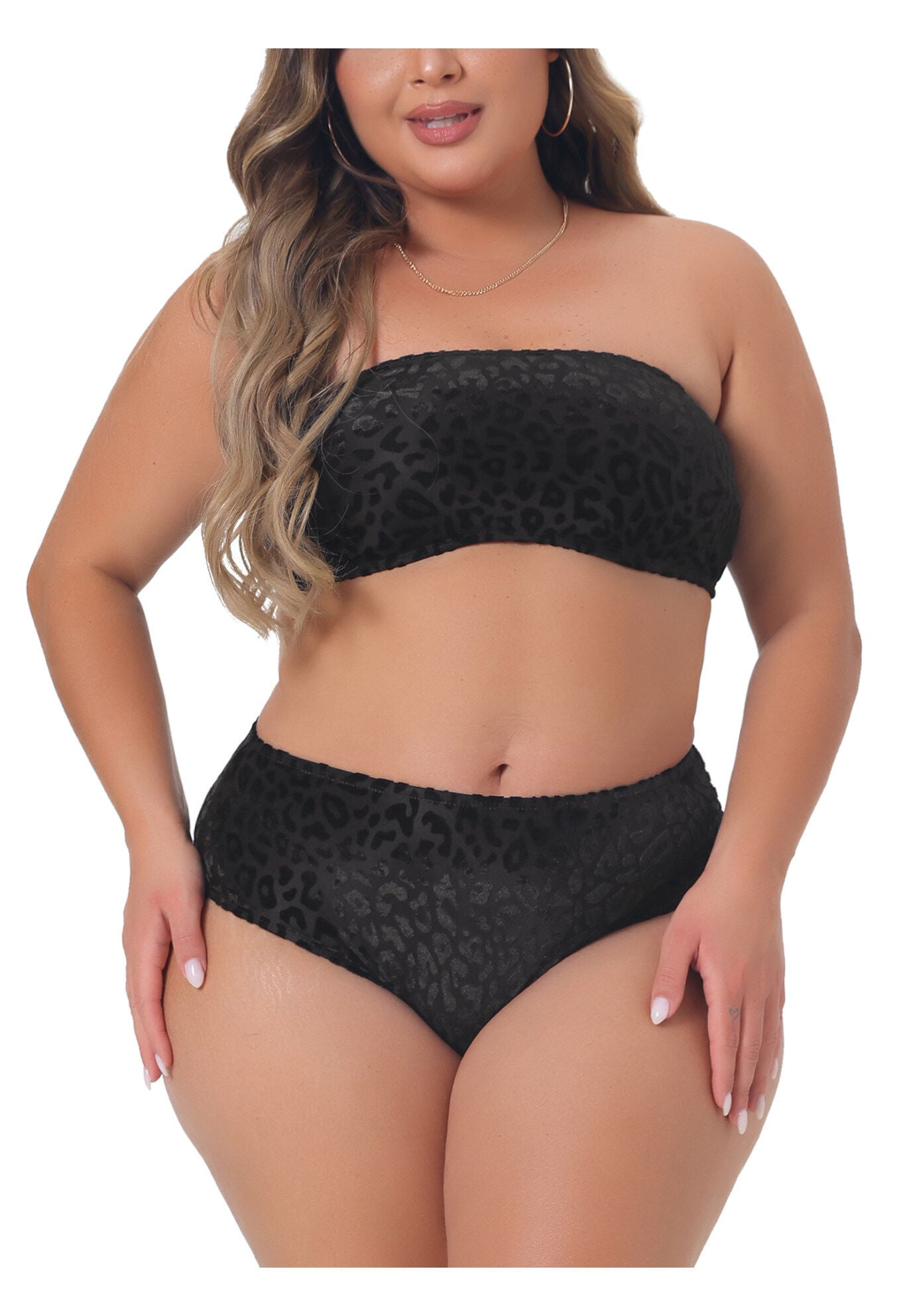 2 Piece Bandeau Bikini Velvet Leopard High Waisted Swimsuit, Black / Black, alternate image number 2