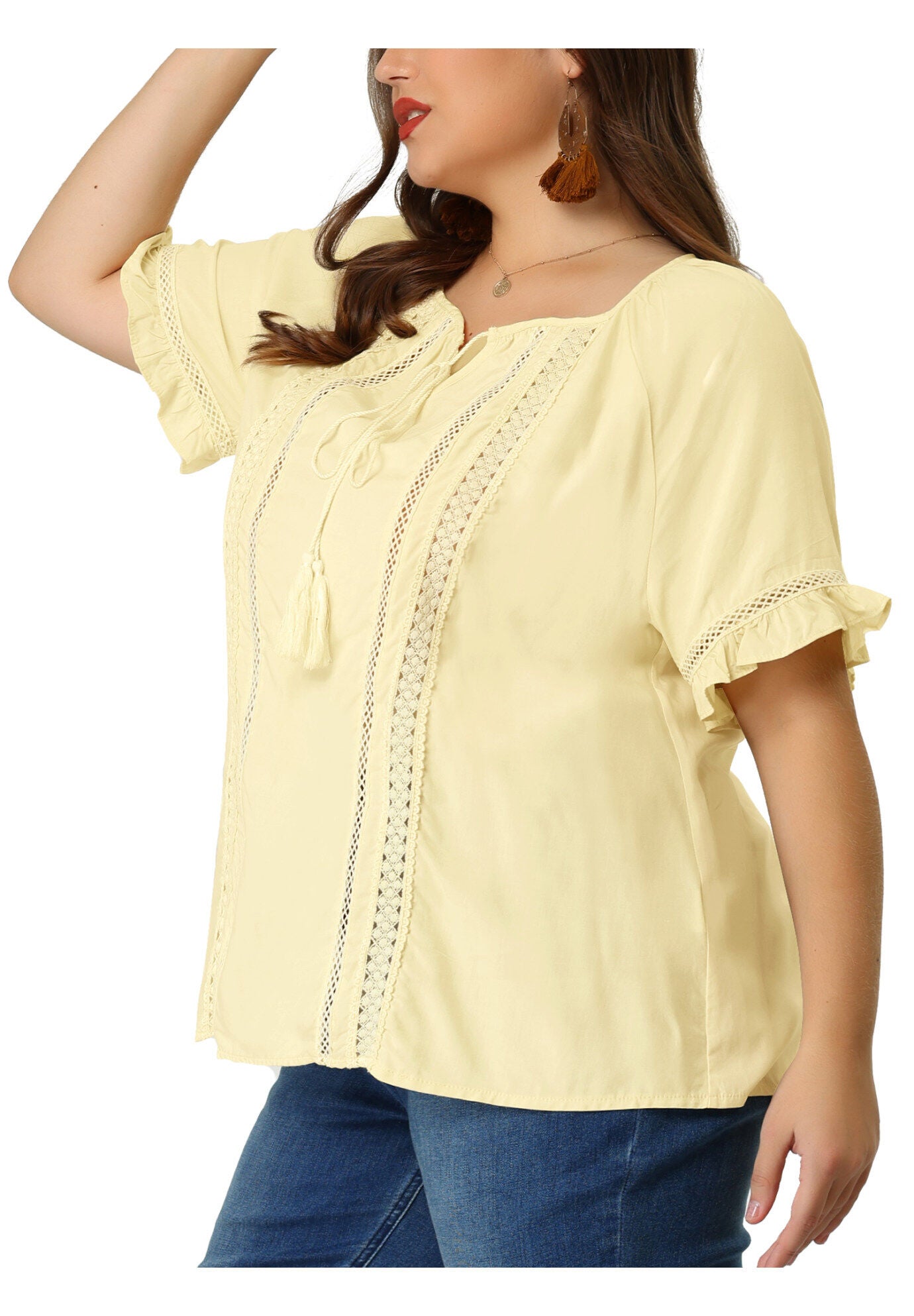 TIE NECK RUFFLE SHORT SLEEVE LACE CROCHET BLOUSE TOP, Yellow Cream / Cream, alternate image number 3