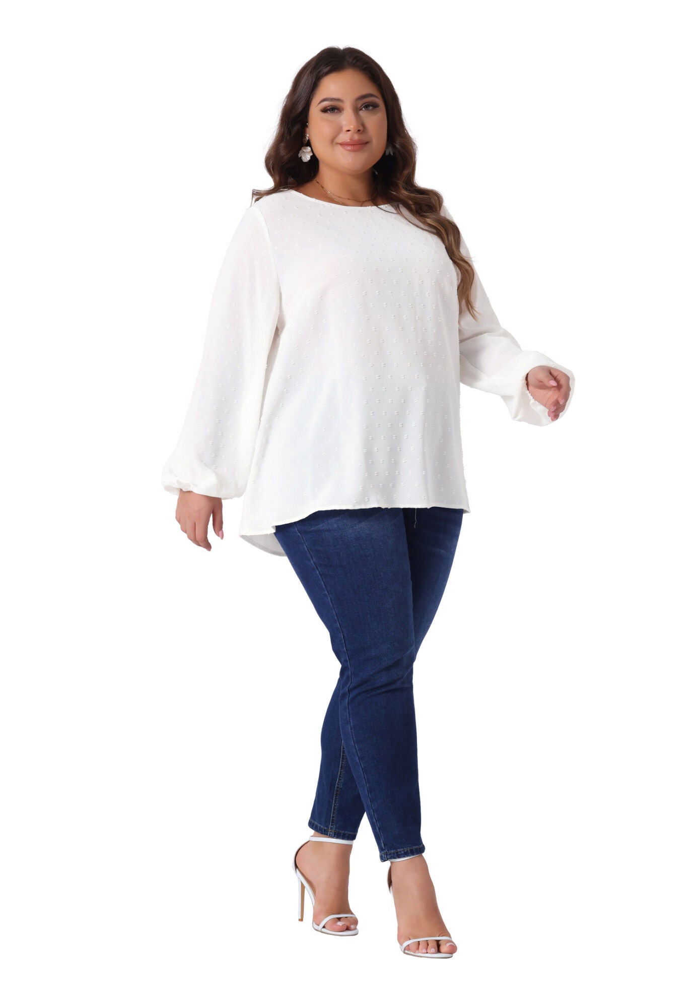 Crewneck Chiffon Blouses Swiss Dots Long Sleeve Top, White / White, hi-res image number 0