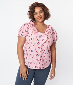 Unique Vintage Pink Cherry Ruffle Short Sleeve Blouse