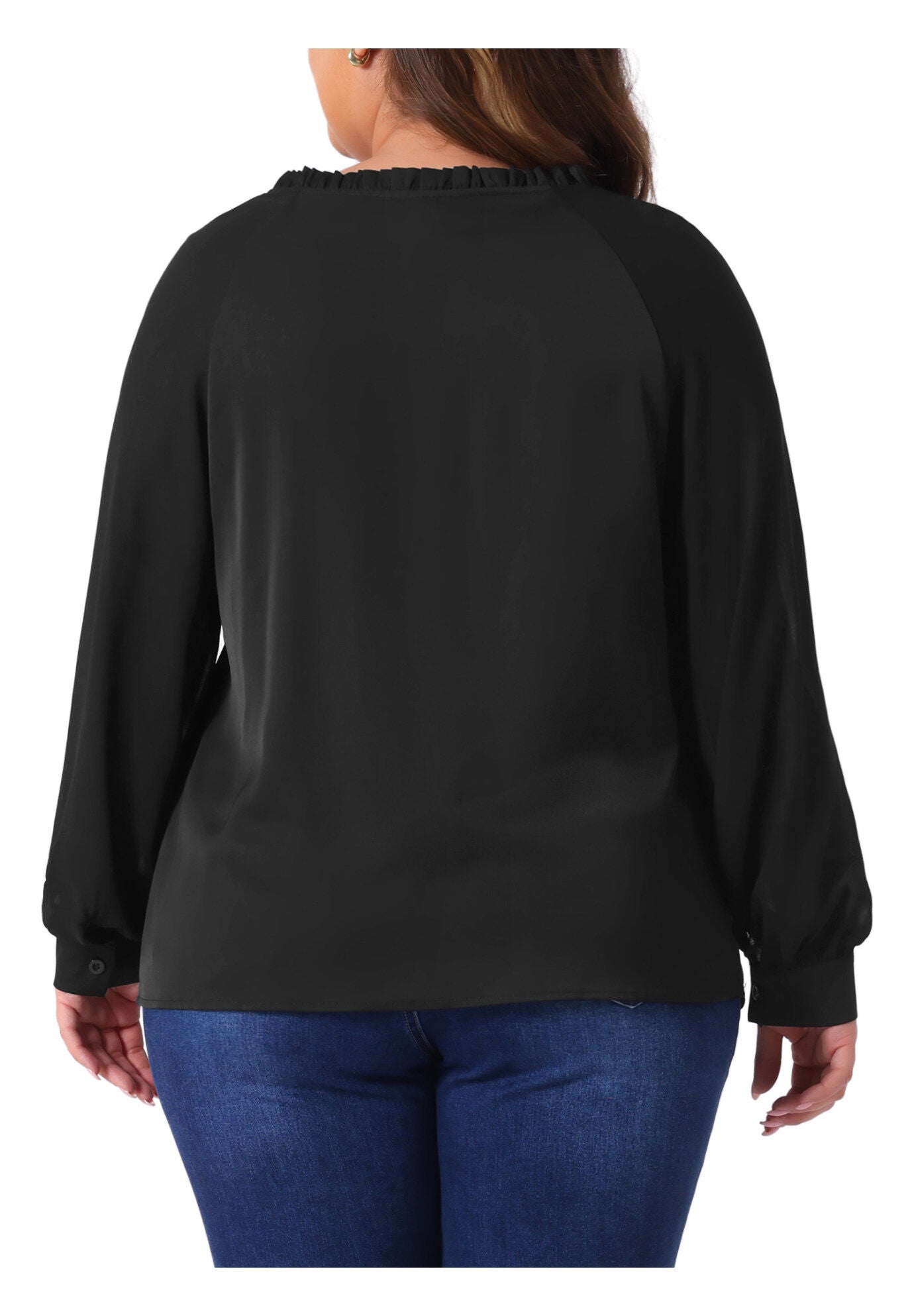 Sheer Long Sleeve Ruffle Notched V Neck Blouse, Black / Black, alternate image number 3