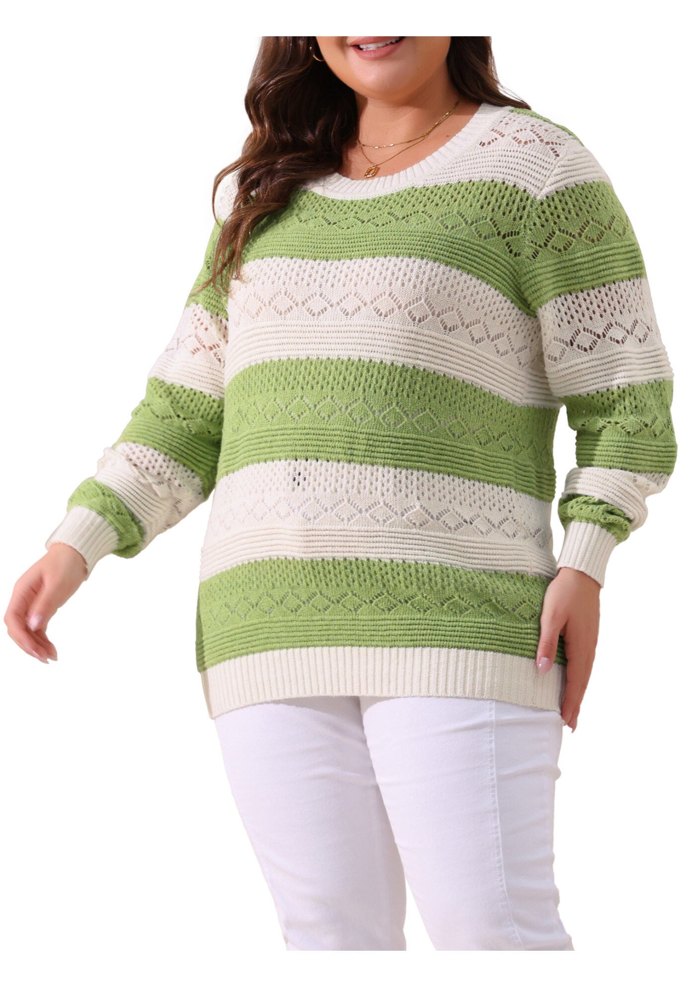 Crewneck Lightweight Hollow Knit Pullover Top, Green White / Light Green, alternate image number 1