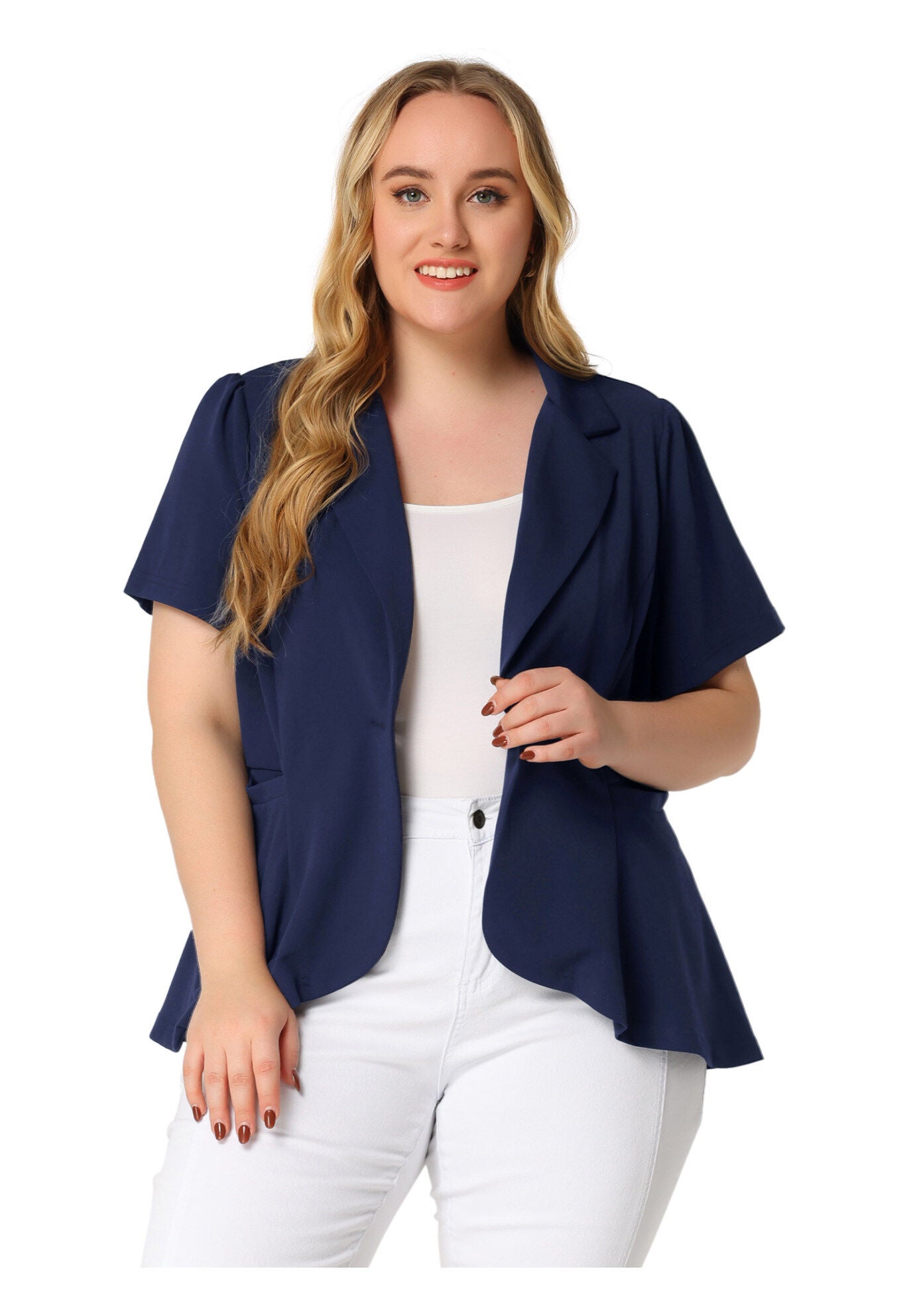 SHORT SLEEVE BUTTON BUSINESS SUIT BLAZER, Dark Blue / Navy, hi-res image number 0