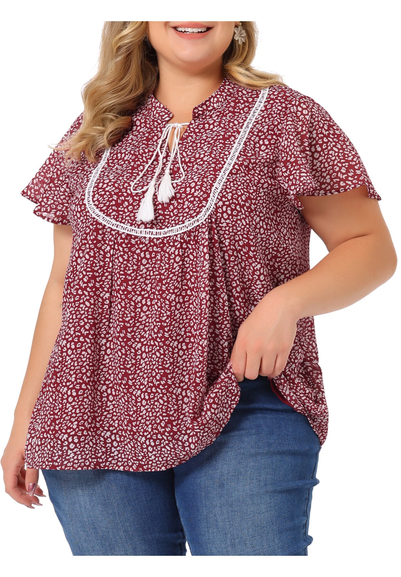 Floral Printed Bib Peasant Blouse Tie Neck Keyhole Boho Top, Red / Red, alternate image number 1