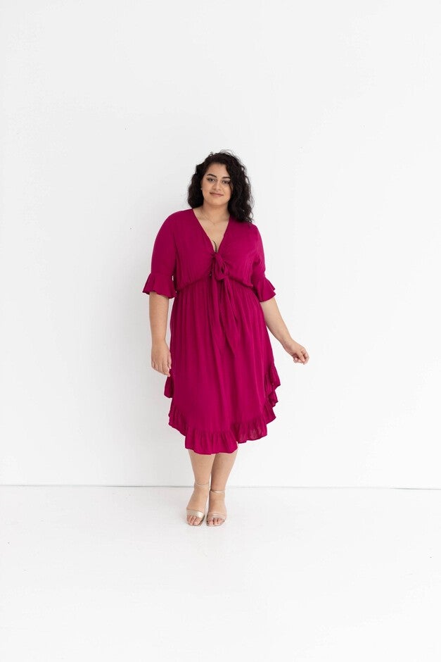 Arielle Tie Front Midi Dress, French Plum / Magenta, hi-res image number null
