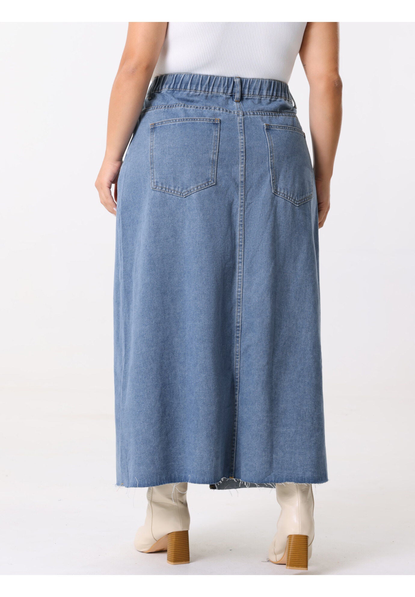 Denim Frayed Raw Hem High Waist Front Slit Long Jean Maxi Skirt, Blue / Chambray Denim Medium, alternate image number 3