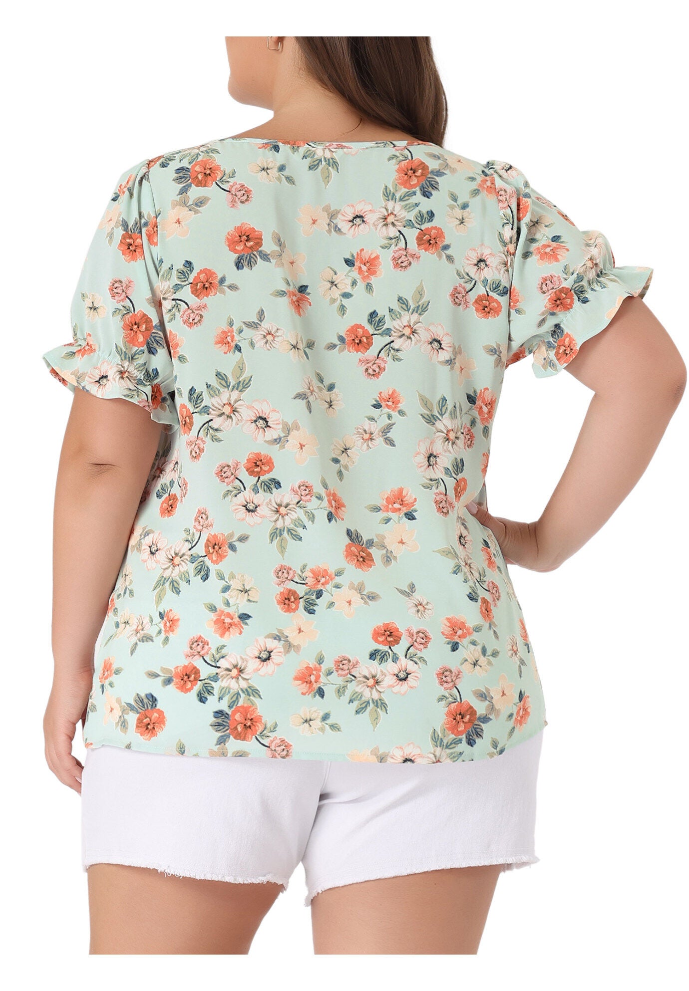 V Neck Ruffle Short Sleeve Chic Summer Blouses, Light Green / Light Green, alternate image number 3