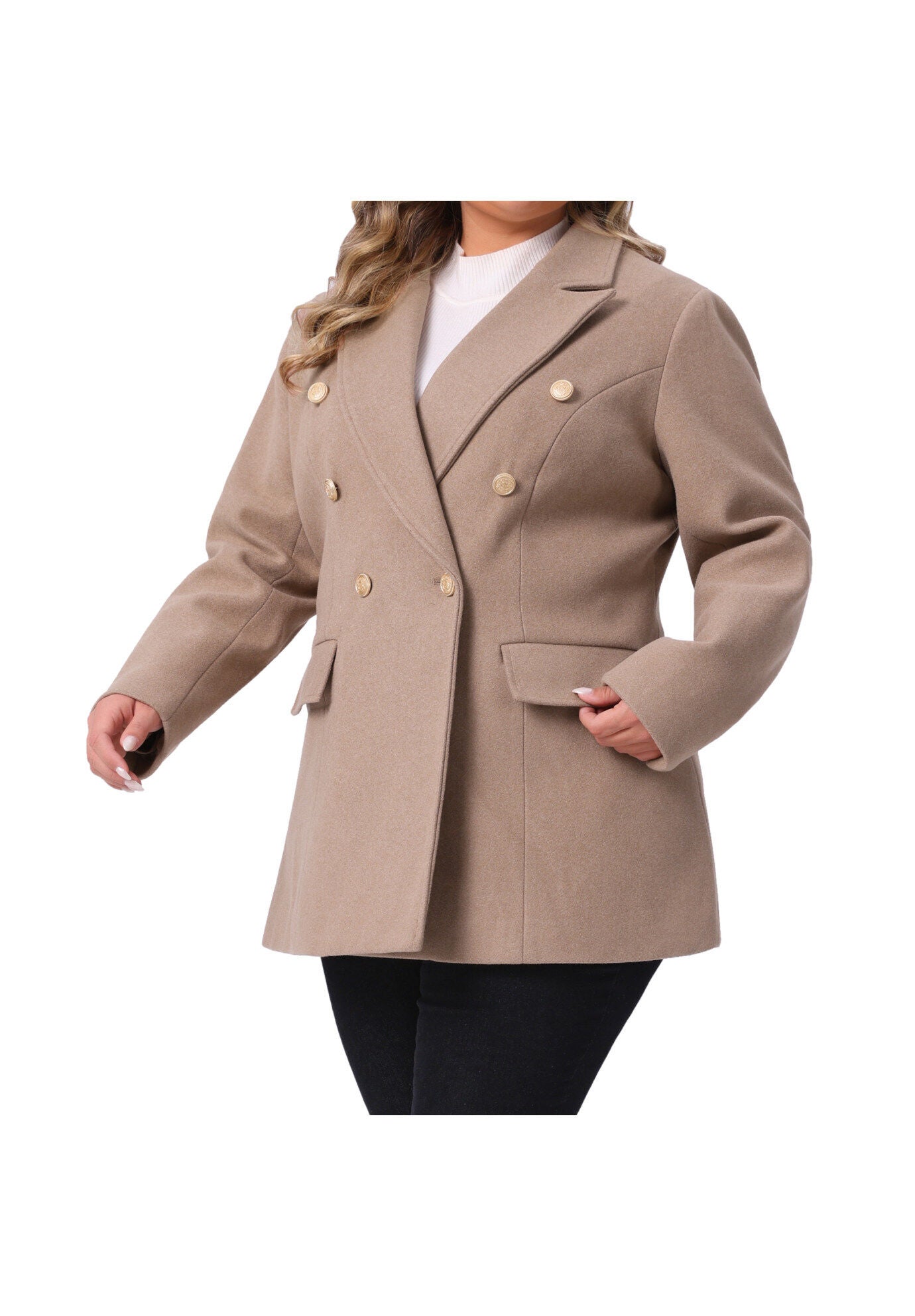 Notch Double-Breasted Lapel Winter Coats, Camel / Beige, alternate image number 1