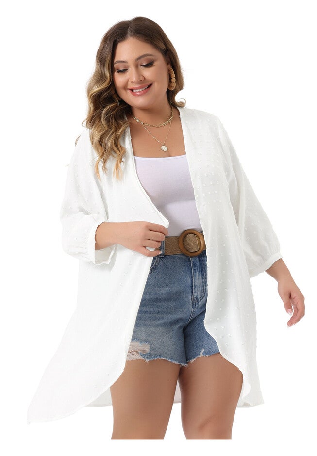 OPEN FRONT 3/4 SLEEVE SWISS DOTS LIGHTWEIGHT COVER UP CARDIGAN, White / White, alternate image number 2