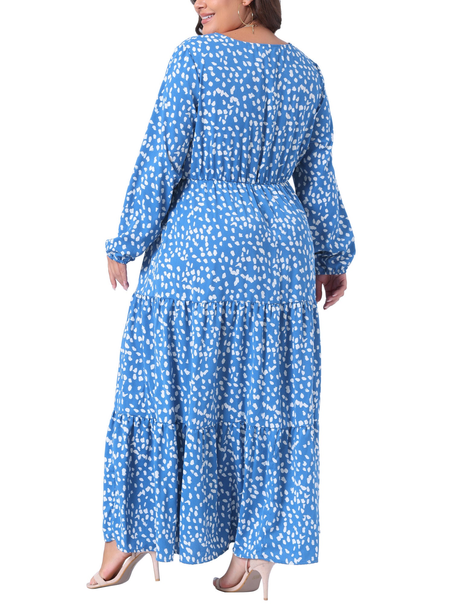 Printed Long Maxi Dress Lantern Sleeve Ruffle Hem Flowy Boho Dress, Blue / Cornflower Blue, alternate image number 3