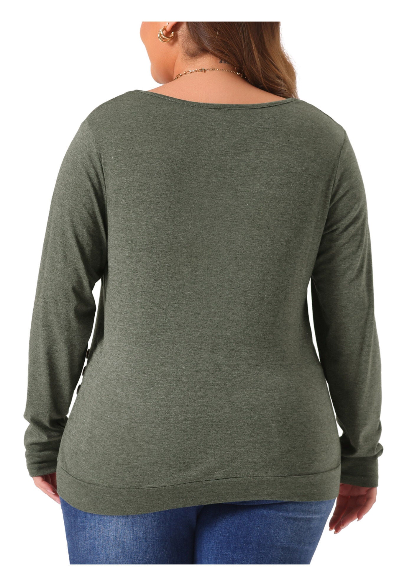 V Neck Long Sleeve Buttons Decor Ruched Casual Blouse Tunic Top, Green / Olive Green, alternate image number 3