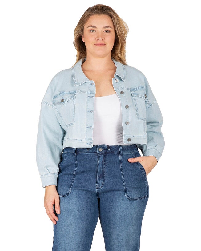 Phoenix Plus Size Easy Fit Denim Cropped Trucker Jacket, Bleach Blue / Light Wash, hi-res image number 0