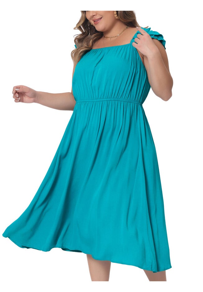 Ruffle Cap Sleeve Shirred Waist A Line Beach Sundress, Lake Blue / Teal, alternate image number 4