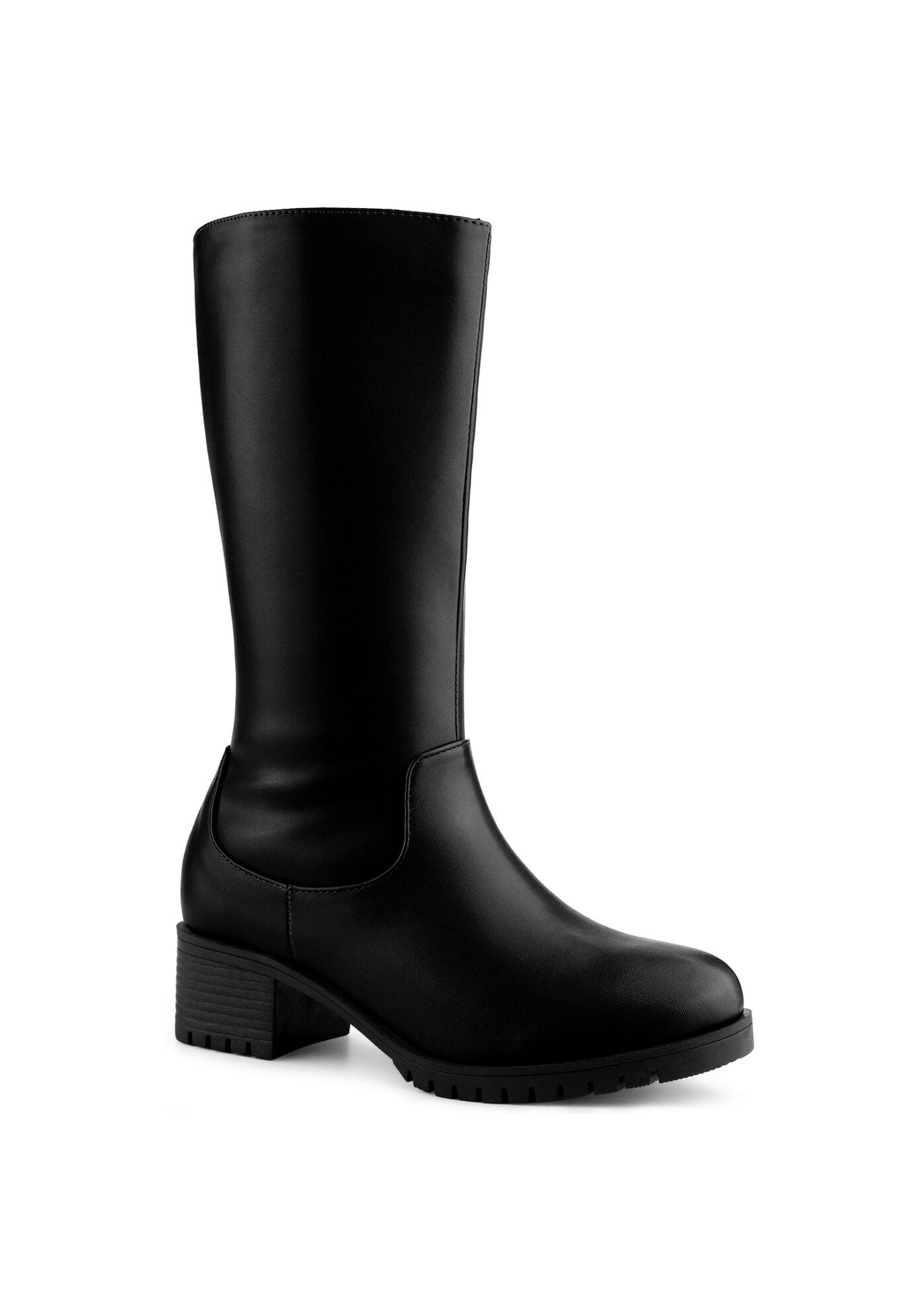 Riding Combat Boot Round Toe Chunky Heels Mid Calf Boots, Black / Black, hi-res image number 0