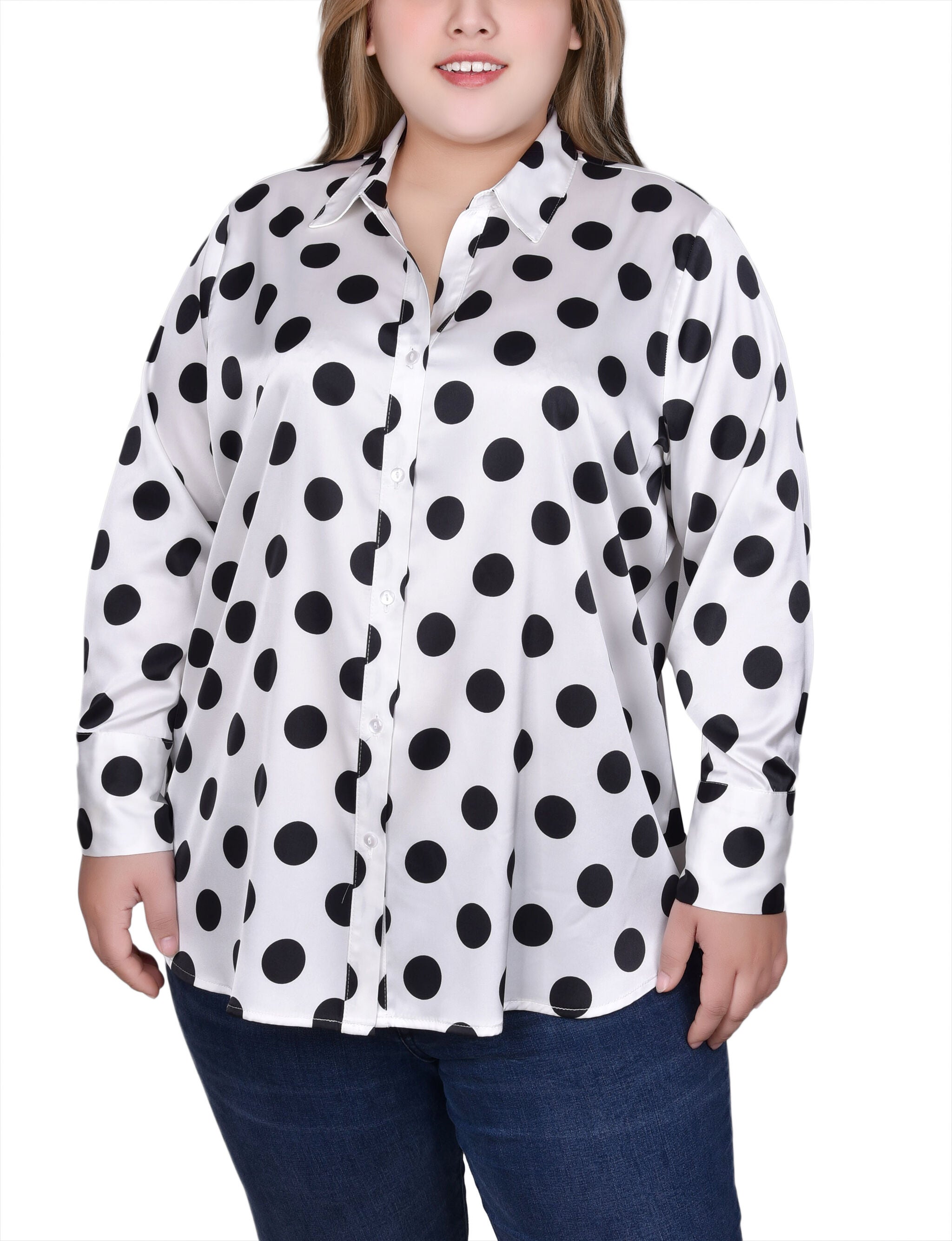Long Sleeve Dotted Satin Blouse, White Black Big Dot, hi-res image number 0