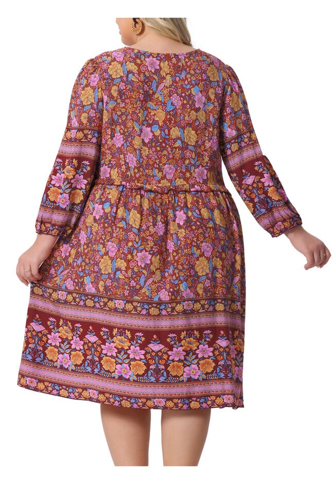 Boho Floral V Neck 3/4 Sleeve Mini Short Dress, Yellow Pink / Pink, alternate image number null