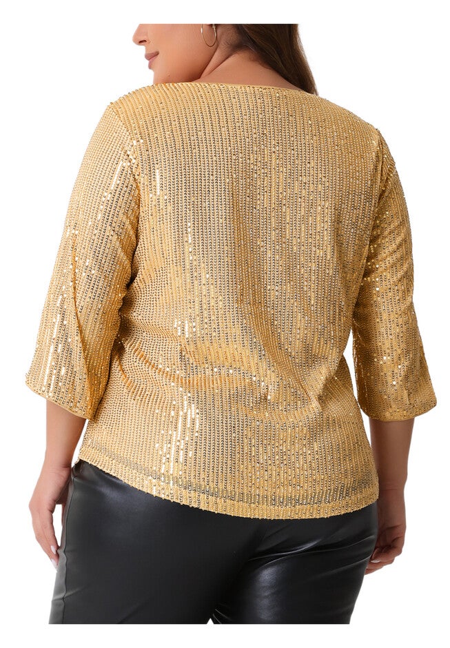 Glitter 3/4 Slit Sleeve Shimmer Sequin Blouse Top, Gold / Gold, alternate image number null