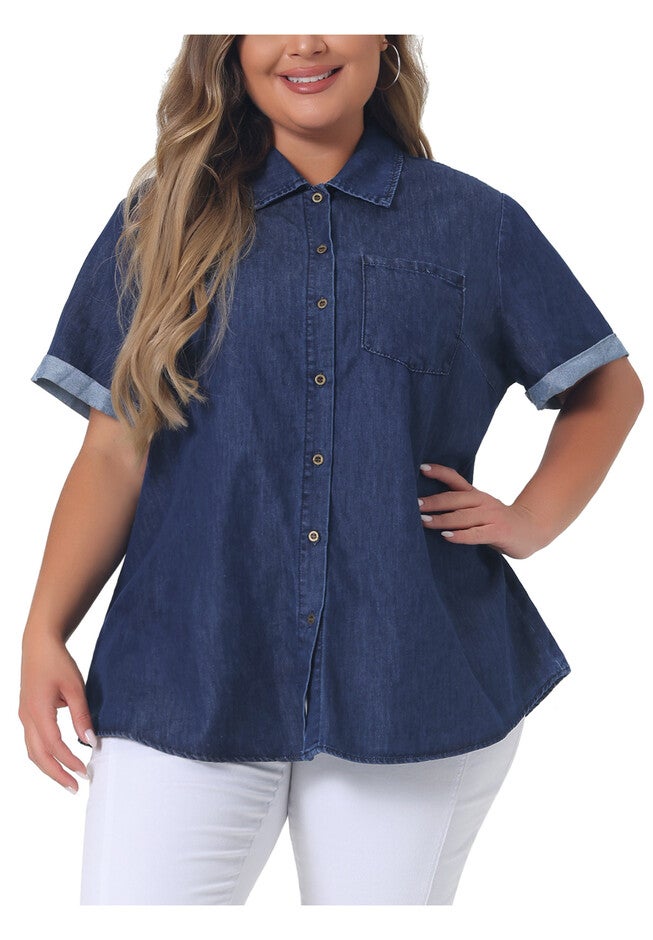 Roll Sleeve Chambray Button Down Denim Shirt, Dark Blue / Navy, alternate image number 2