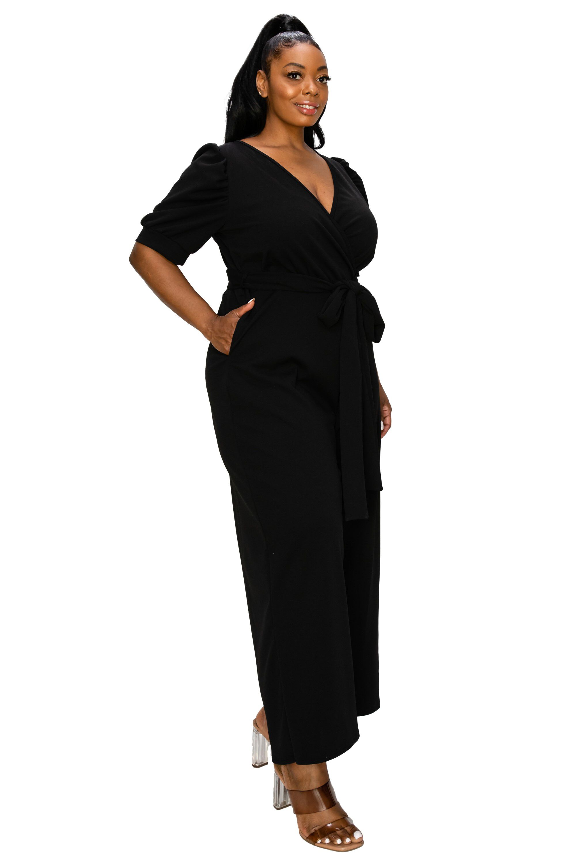 IRIS SURPLICE BELTED POCKET JUMPSUIT, Black / Black, alternate image number 1