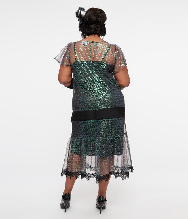 1920s Iridescent Peacock & Black Bow Flapper Dress, Iridescent PeacockBlack / Azure Blue, alternate image number 1