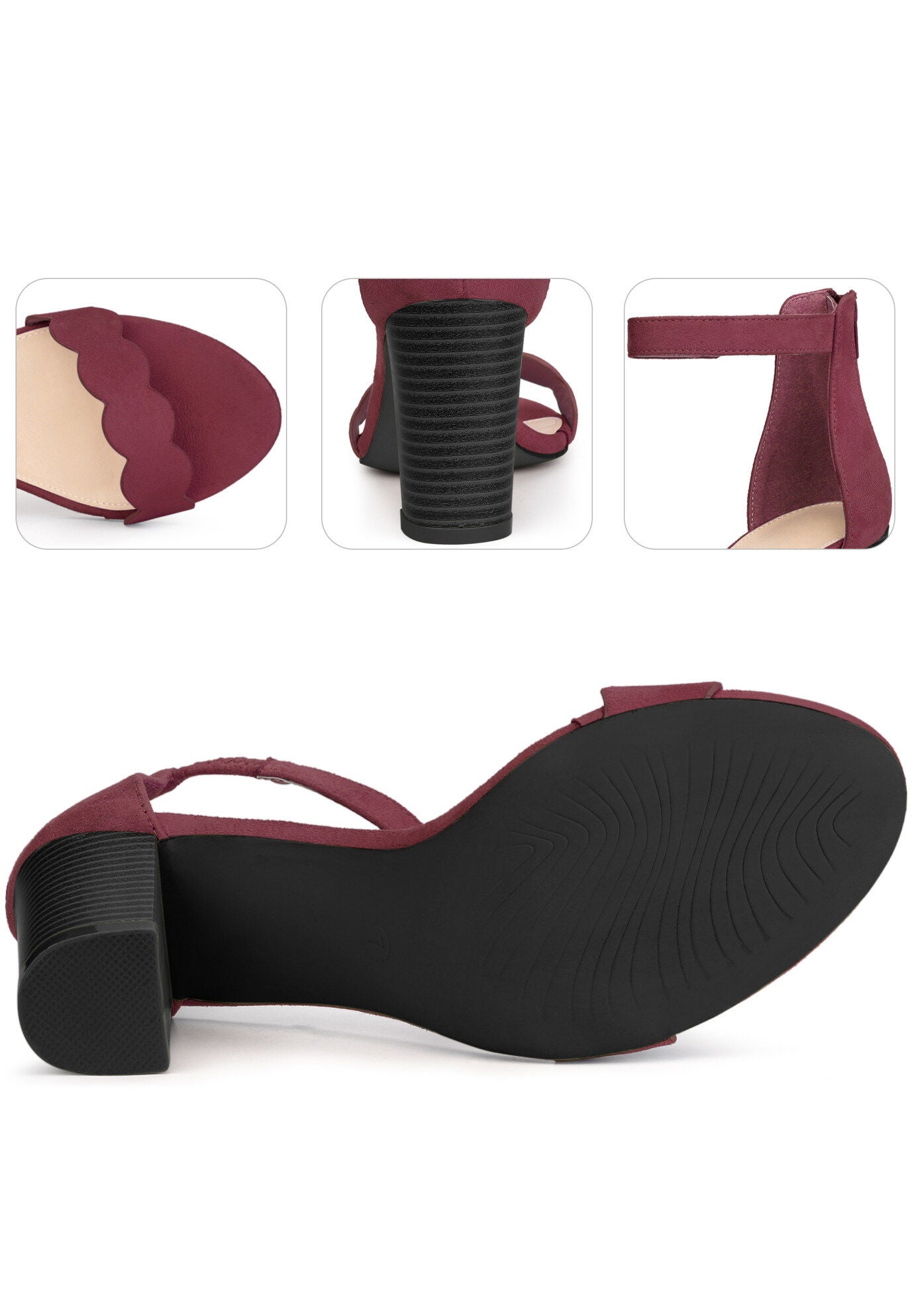 Scalloped Heel Ankle Strap Chunky Heels Sandals, Burgundy / Burgundy, alternate image number 1