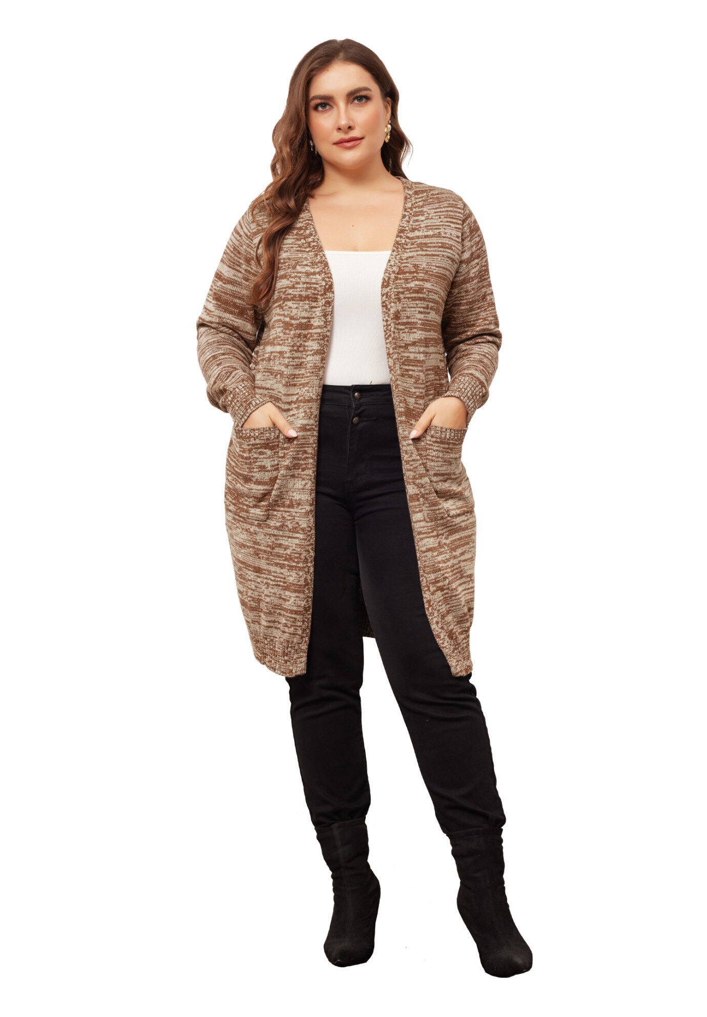 CONTRAST COLOR OPEN FRONT POCKETS SWEATER CARDIGAN, Brown / Brown, hi-res image number 0
