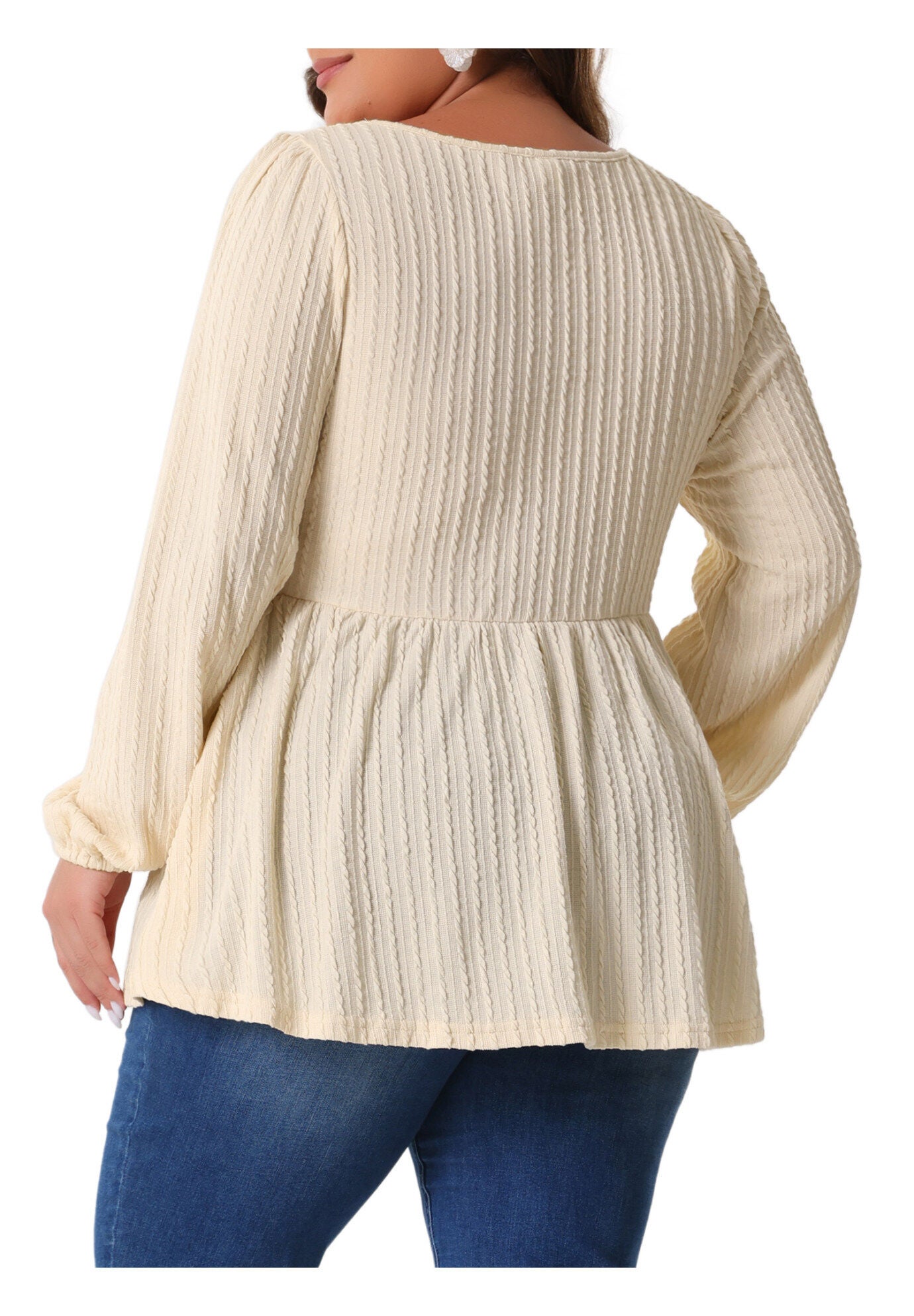 Scoop Neck Long Sleeve Ruffle Hem Peplum Knit Blouse, Beige / Beige, alternate image number 3