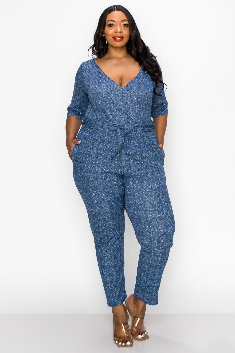 WRAP DENIM JUMPSUIT, Navy Blue / Navy, hi-res image number 0